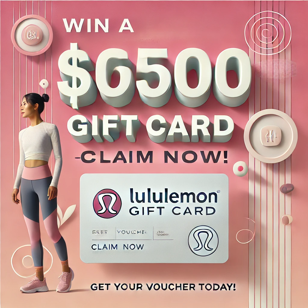 Promotional image for $500 LuluLemon Gift Card giveaway featuring fitness theme and call-to-action button