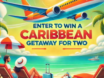 Promotional banner image for a Caribbean vacation giveaway showing tropical beach and travel theme