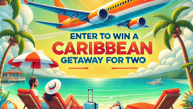 Promotional banner image for a Caribbean vacation giveaway showing tropical beach and travel theme